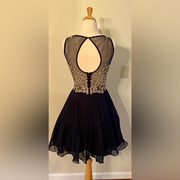 XSCAPE Gold and Navy Blue Party Dress with Beaded Accents - Picture 5 of 9